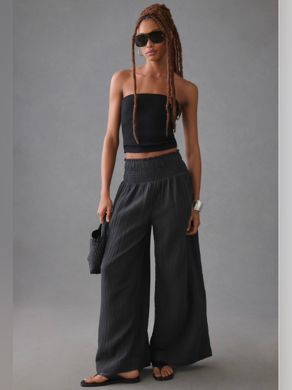 Anthropologie Wide Leg Smocked Gauze Pants in Black